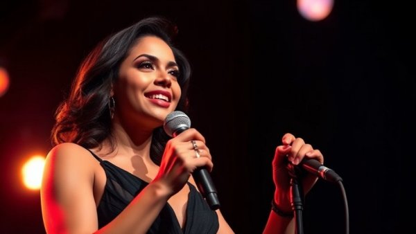 Elegant singer performing on stage with vibrant colors and dramatic outfit.