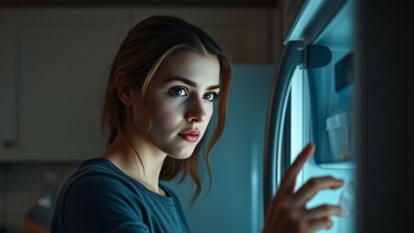 Woman searches fridge at night, highlighting sleep and night energy.