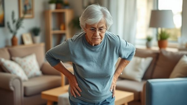 Elderly woman managing hip pain in cozy living room, wide-angle shot.