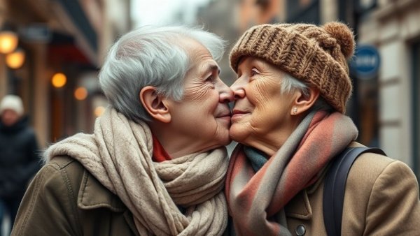 Older adults expressing affection on a city street, desire for intimacy.