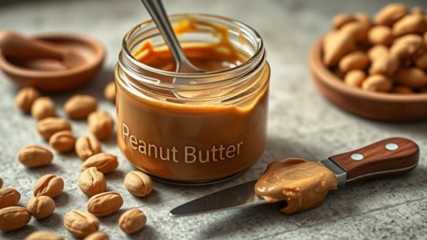 Jar of peanut butter with peanuts and knife on a textured surface.