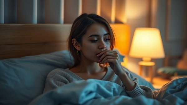 Young woman blowing her nose under a blanket at night in warm light.