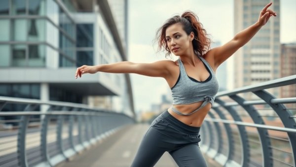 Confident woman stretching on a bridge, addressing extra belly fat and heart failure risk.