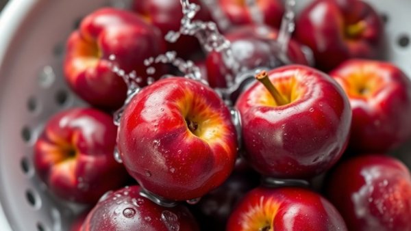 Fresh purple plums being rinsed, rich in antioxidants, in a colander.