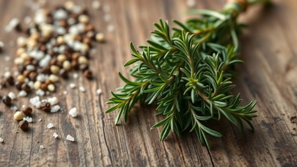 Fresh rosemary bundle on rustic wood, highlighting fresh herbs for health.