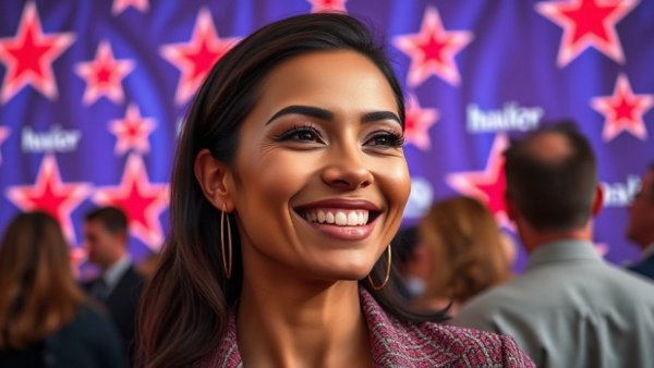 Confident woman smiling at a star-studded event backdrop.