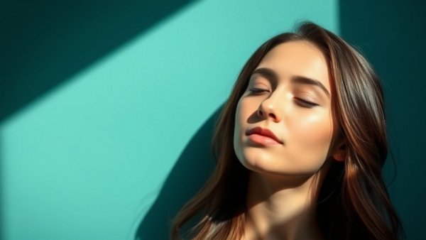 Serene young woman basking in sunlight against a teal wall.