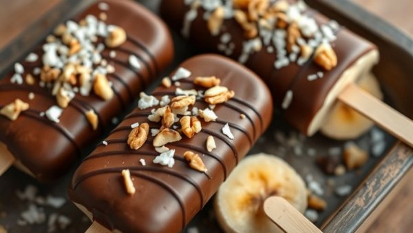 Healthy chocolate-covered banana popsicles with nuts and coconut.