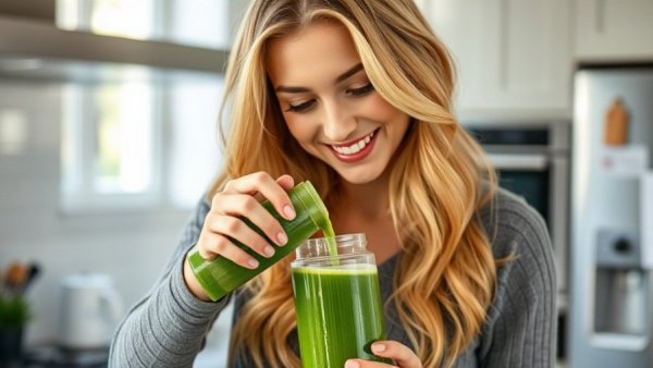 Blonde woman pours green smoothie in a kitchen; Fiber Supplements Vs. Fiber-Rich Food.