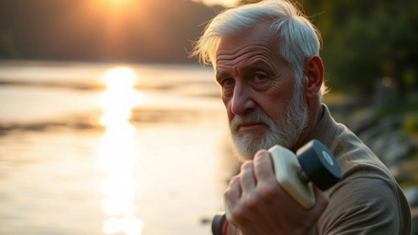 Elderly person performing resistance training by the river at sunrise.