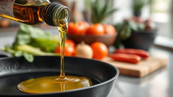 Healthy fats and oils, olive oil in skillet with fresh vegetables.