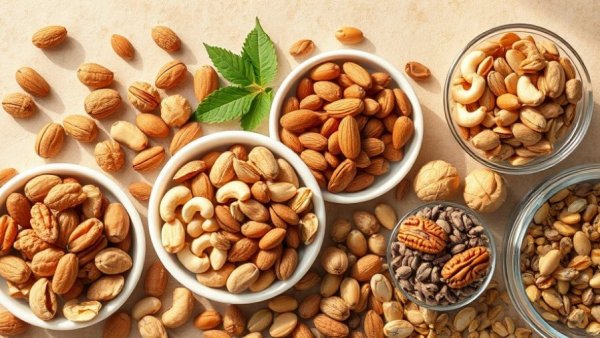 Assortment of high protein nuts and seeds in bowls.