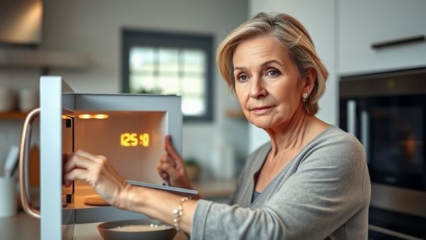 Woman placing ultra-processed food in microwave, highlighting health concerns.