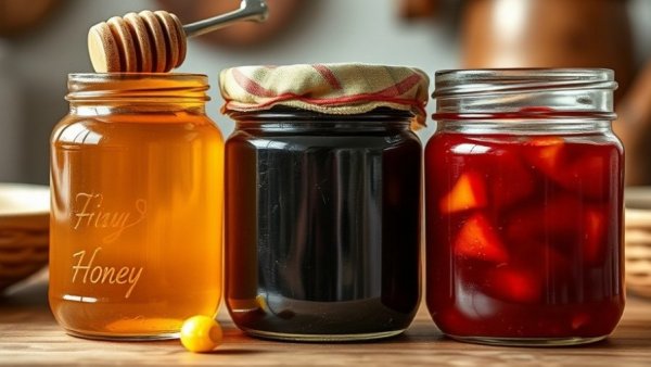 Close-up of honey and jam jars comparing health benefits.