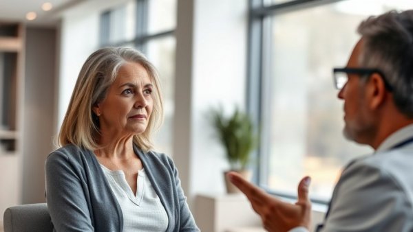Middle-aged woman discussing preventive care with doctor in bright office.
