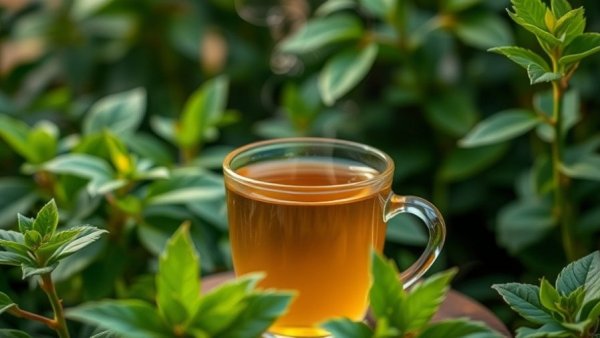 Aromatic herbal tea for blood pressure surrounded by greenery.