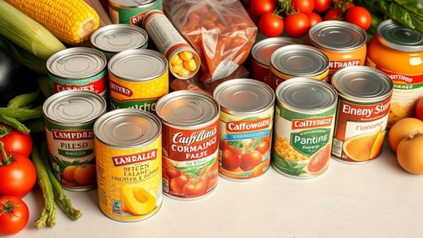 Assorted canned foods including corn and peaches on display.