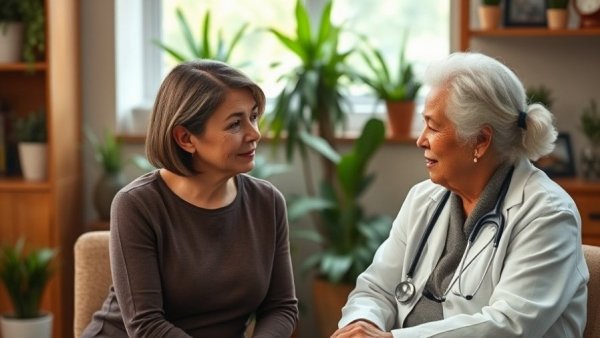 Doctor consulting older woman about signs of leukemia in cozy office.