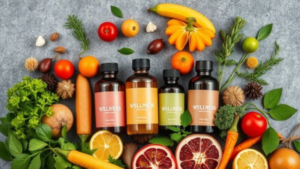 Colorful wellness shot bottles with fresh ingredients on gray surface.
