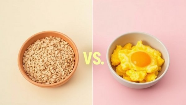 Oatmeal vs. Eggs in contrasting bowls with VS sign.