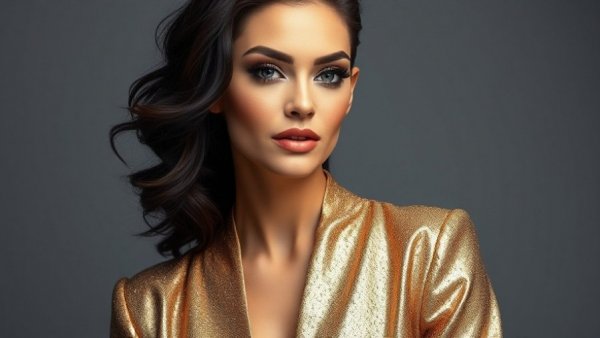 Glamorous woman in gold, photorealistic portrait.