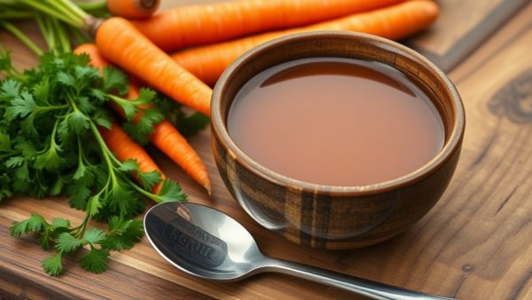 Rustic bowl of broth with carrots and herbs on wooden table.