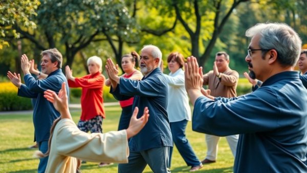 Group practicing Tai Chi for mind-body practices hypertension in park.