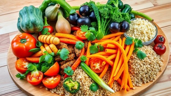 Healthy diet including colorful vegetables and grains on wooden table.