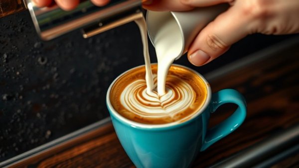Pouring milk into a coffee cup creating latte art, vibrant colors, dark setting