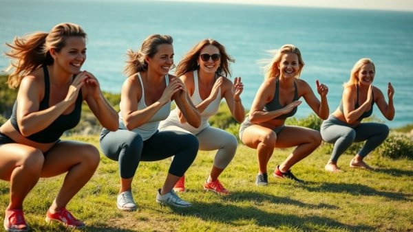 Middle-aged women exercising outdoors showing midlife exercise benefits.
