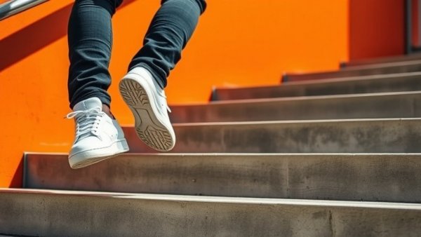 Walking exercise benefits shown as person in jeans climbs stairs