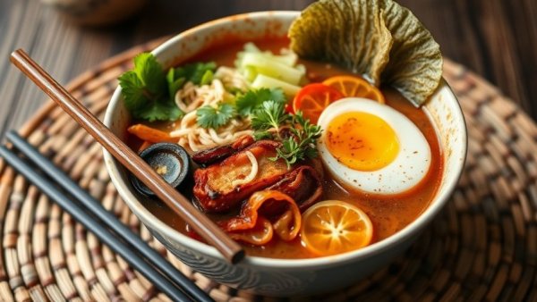 Healthy eating with ramen bowl and fresh vegetables.