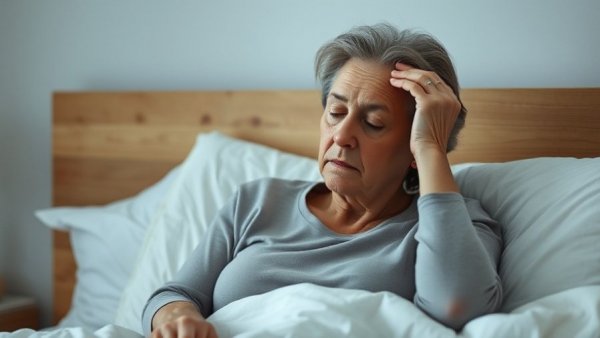 Tired middle-aged woman in bed showing symptoms of vitamin D deficiency.