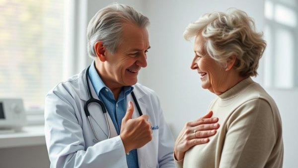 Doctor examining older woman, discussing heart health connection.