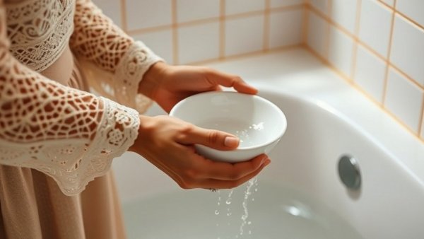 Hands in crochet sleeve pouring water from bowl in detox ritual.