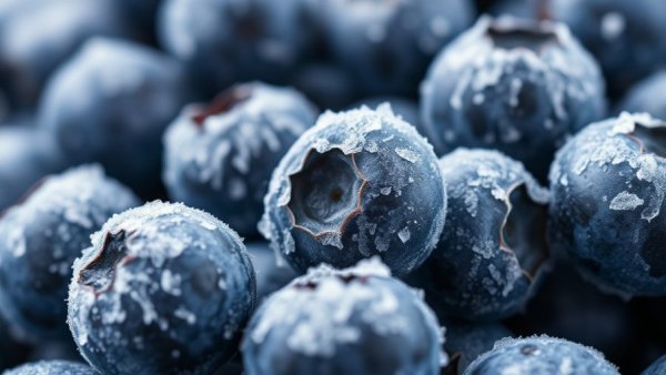 Frosted blueberries, ideal foods to eat after 60, close-up view.