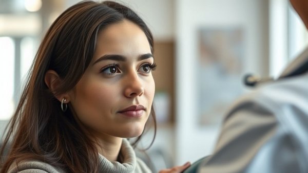 Young adult woman at high blood pressure risk receives checkup.