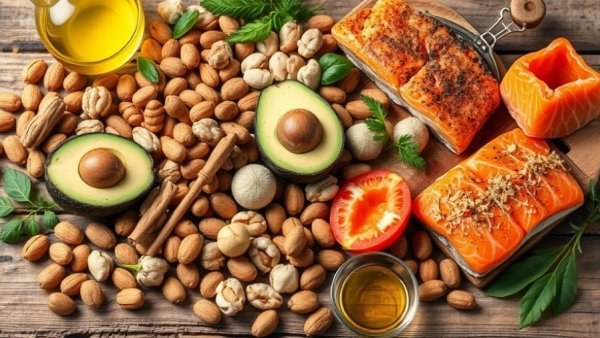 Healthy fats and metabolism: nuts, avocado, oil, and salmon on table.