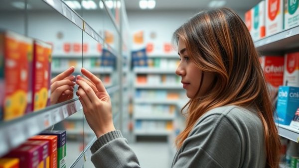 Young woman checks product in pharmacy amid eye drops recall concerns.