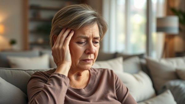 Woman with headache, potential signs of iron deficiency, in living room.