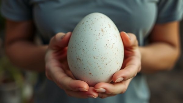 Hands holding a large ostrich egg outdoors, promoting healthy eating.