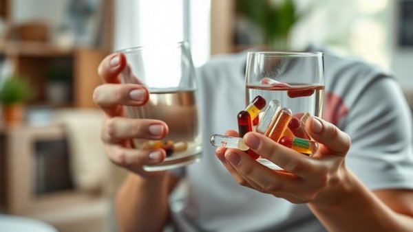 Close-up of hands with various vitamins and glass, Signs of Taking Too Many Vitamins.