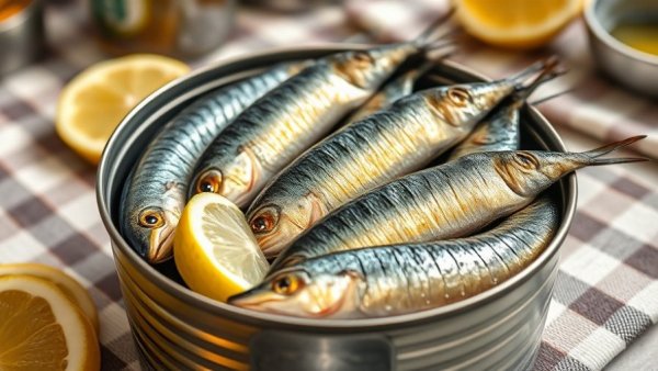 Open can of sardines showcasing shiny skin, on kitchen counter.