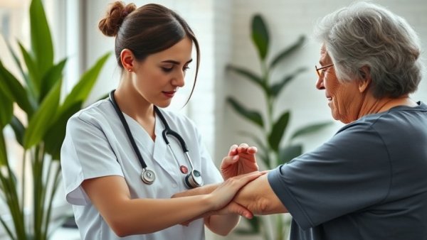 Nurse examining woman's arm for skin cancer signs in a bright room.