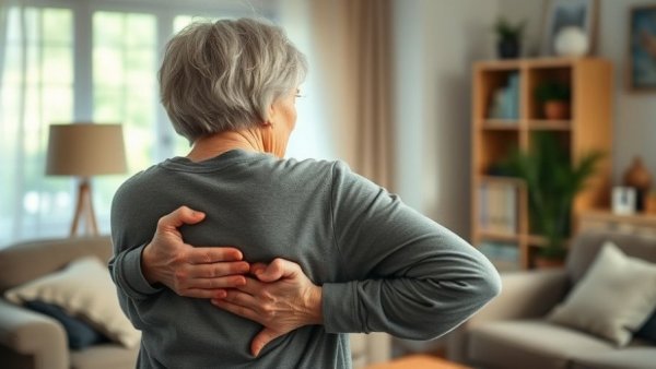 Older woman in discomfort in cozy living room, signs of pancreas problems