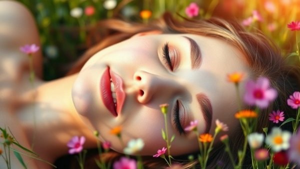 Young woman in grass with floral shadows, representing spring allergies.