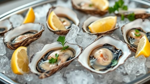 Close-up of fresh oysters on ice with lemon slices, showcasing benefits.