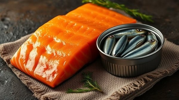 Vibrant salmon steak next to sardine tin on dark surface