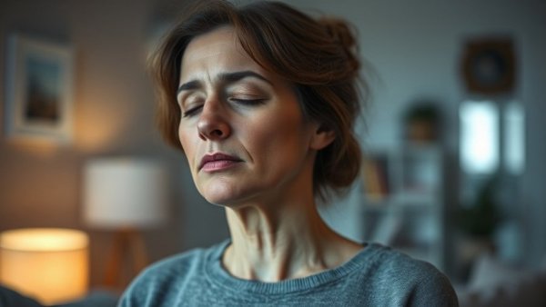 Woman using relaxation techniques to lower blood pressure quickly at home.