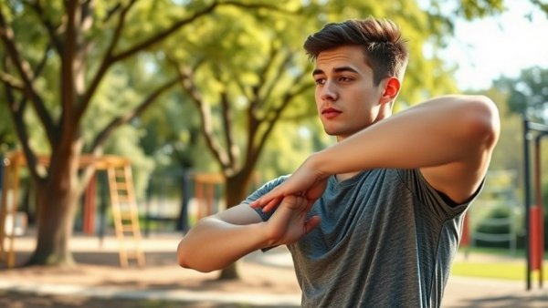 Energetic man stretching outdoors in a park for exercise benefits.